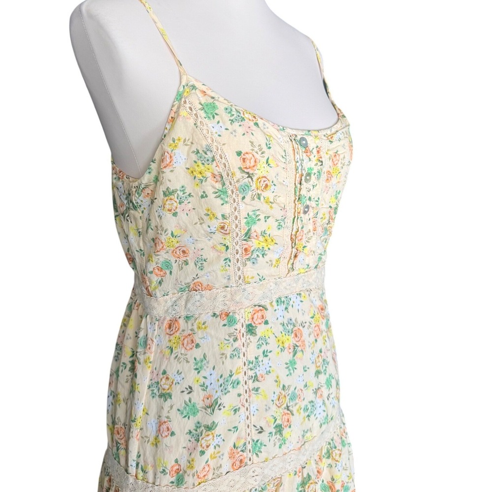 Lost + Wander Yellow Floral Lace Trim Tiered Midi Dress Cottagecore boho Size M - Picture 2 of 12